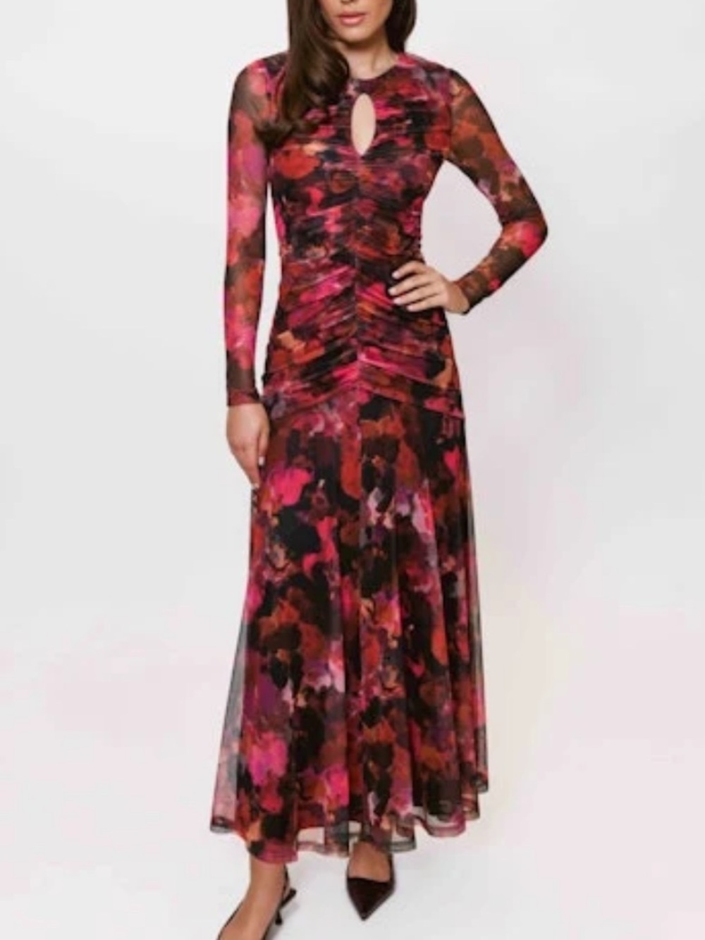 Hutch Ramy Dress Large Pink Multi Abstract Floral Ruched Mesh Maxi NWT